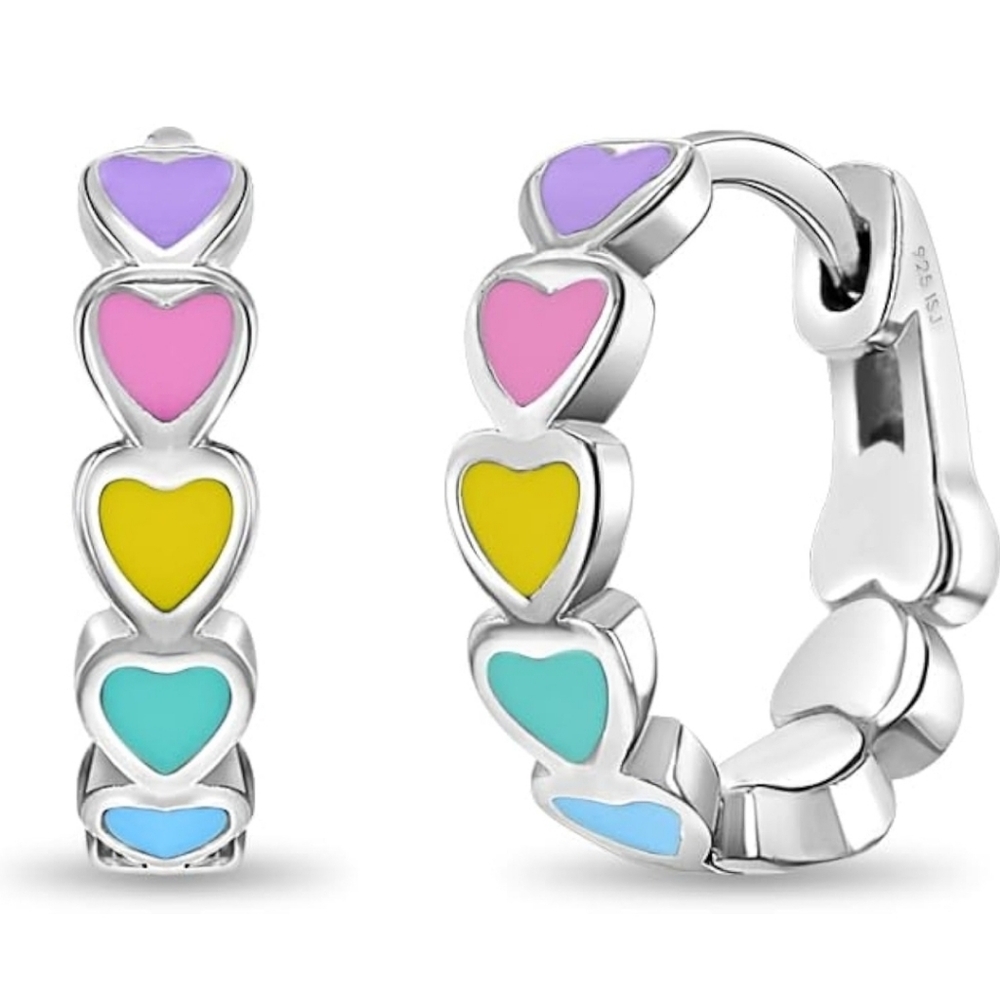 925 Sterling Silver Tiny Heart Enamel Huggie Hoop Earrings - Multicolored Heart